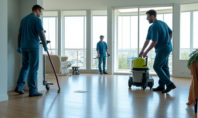 Equipo de limpieza profesional trabajando en un edificio recién construido